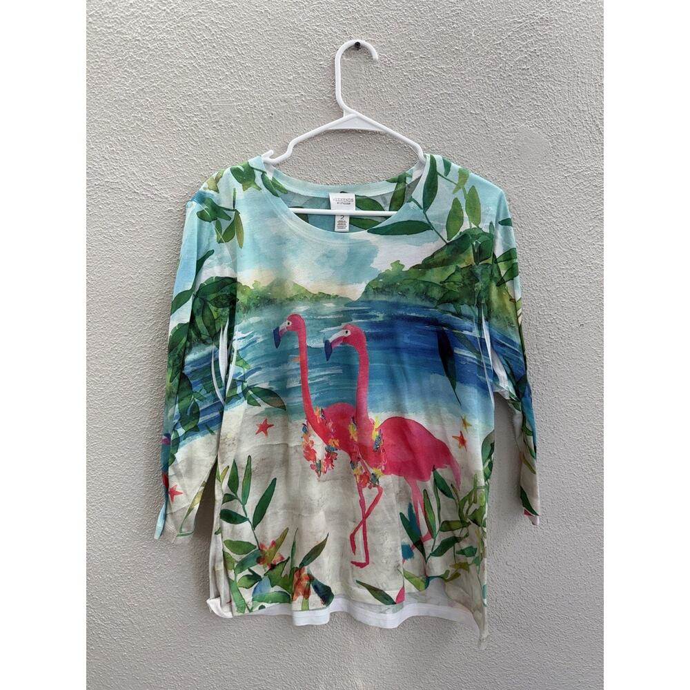 Weekends by Chicos Womens Shirt Size 2 Beach Flamingos 3/4 Sleeve Thin